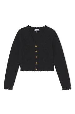 Cotton Cashmere Crochet Applique Cardigan - Black