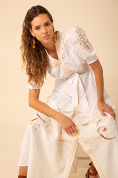 Ruth Long Dress W Embrodery - Ivory