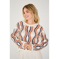 California Crochet Blouse - White/Peach/Navy