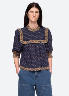 Arlita Print Puff Slv Top - Navy