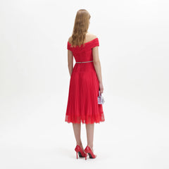 Chiffon Off Shoulder Midi Dress - Red
