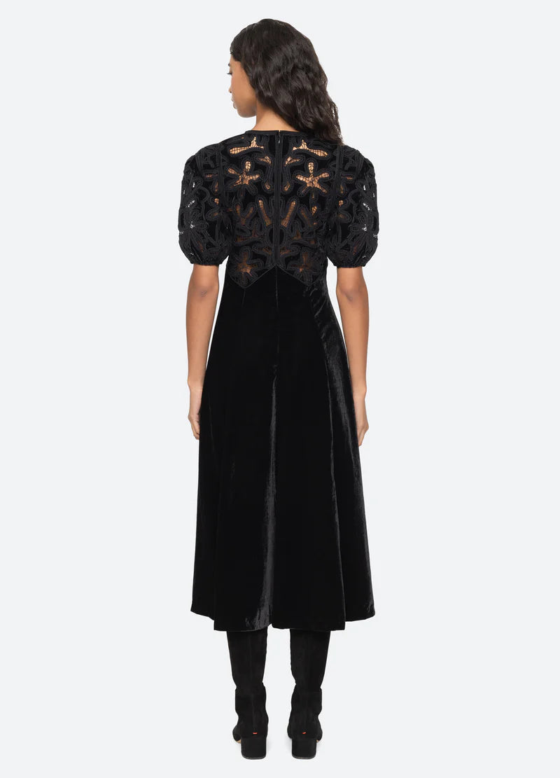 Alice Embroidery Velvet Puff Slv Dress - Black