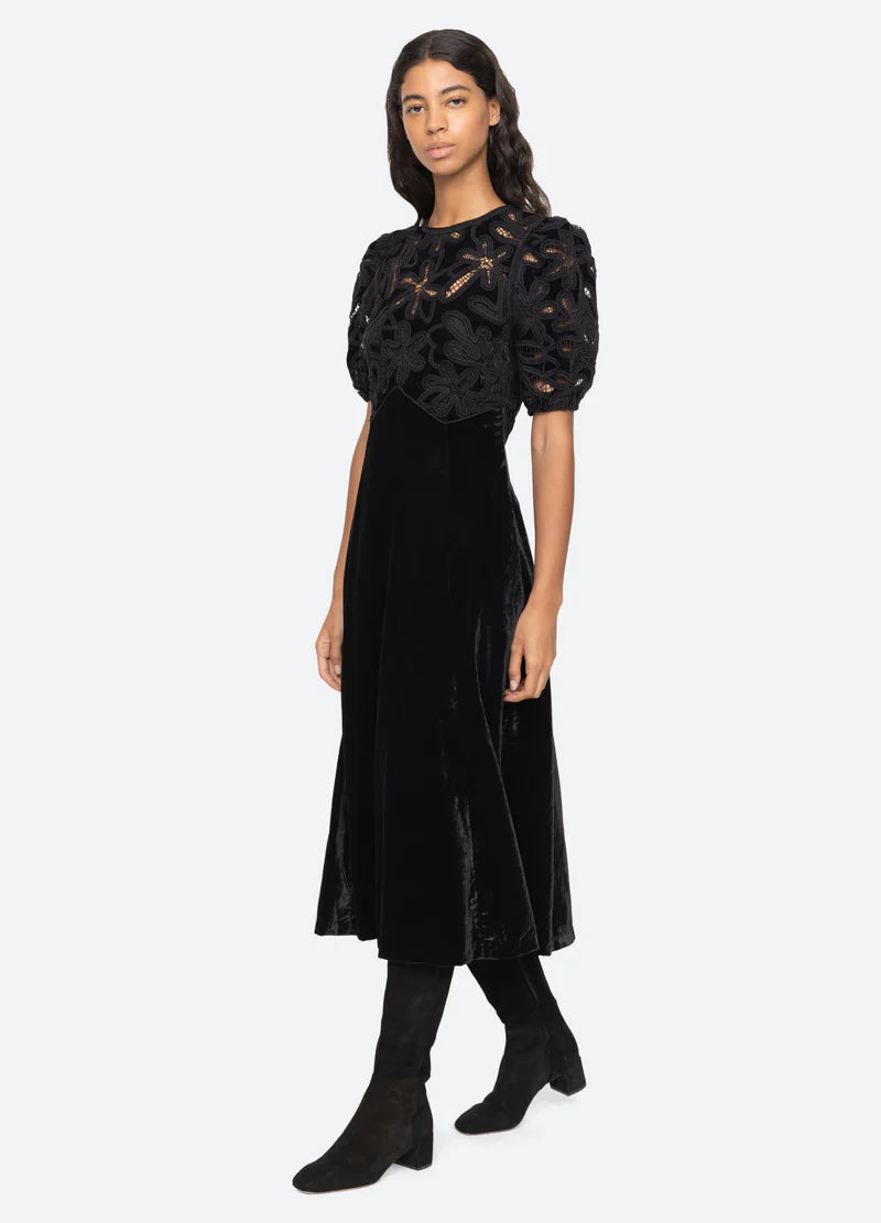 Alice Embroidery Velvet Puff Slv Dress - Black