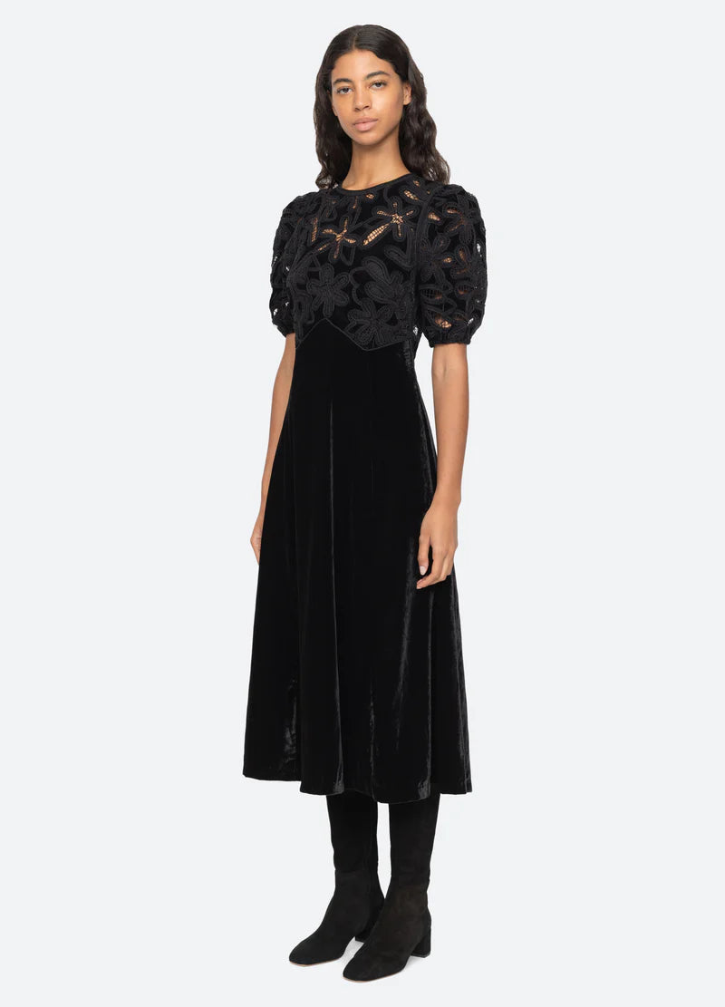 Alice Embroidery Velvet Puff Slv Dress - Black