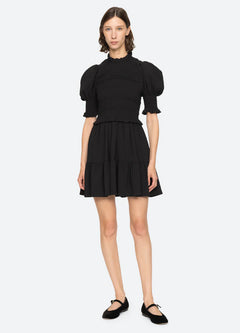 Regina Seersucker Puff Slv Smocked Dress - Black