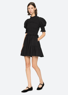 Regina Seersucker Puff Slv Smocked Dress - Black