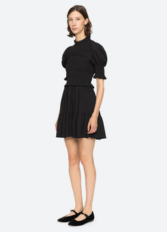 Regina Seersucker Puff Slv Smocked Dress - Black