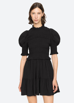 Regina Seersucker Puff Slv Smocked Dress - Black