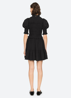 Regina Seersucker Puff Slv Smocked Dress - Black