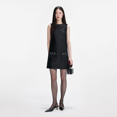 Taffeta Embellished Trim Mini Dress - Black