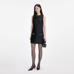 Taffeta Embellished Trim Mini Dress - Black