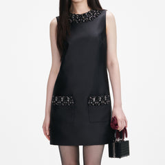 Taffeta Embellished Trim Mini Dress - Black