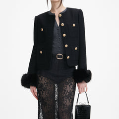 Boucle Fur Cuff Jacket - Black