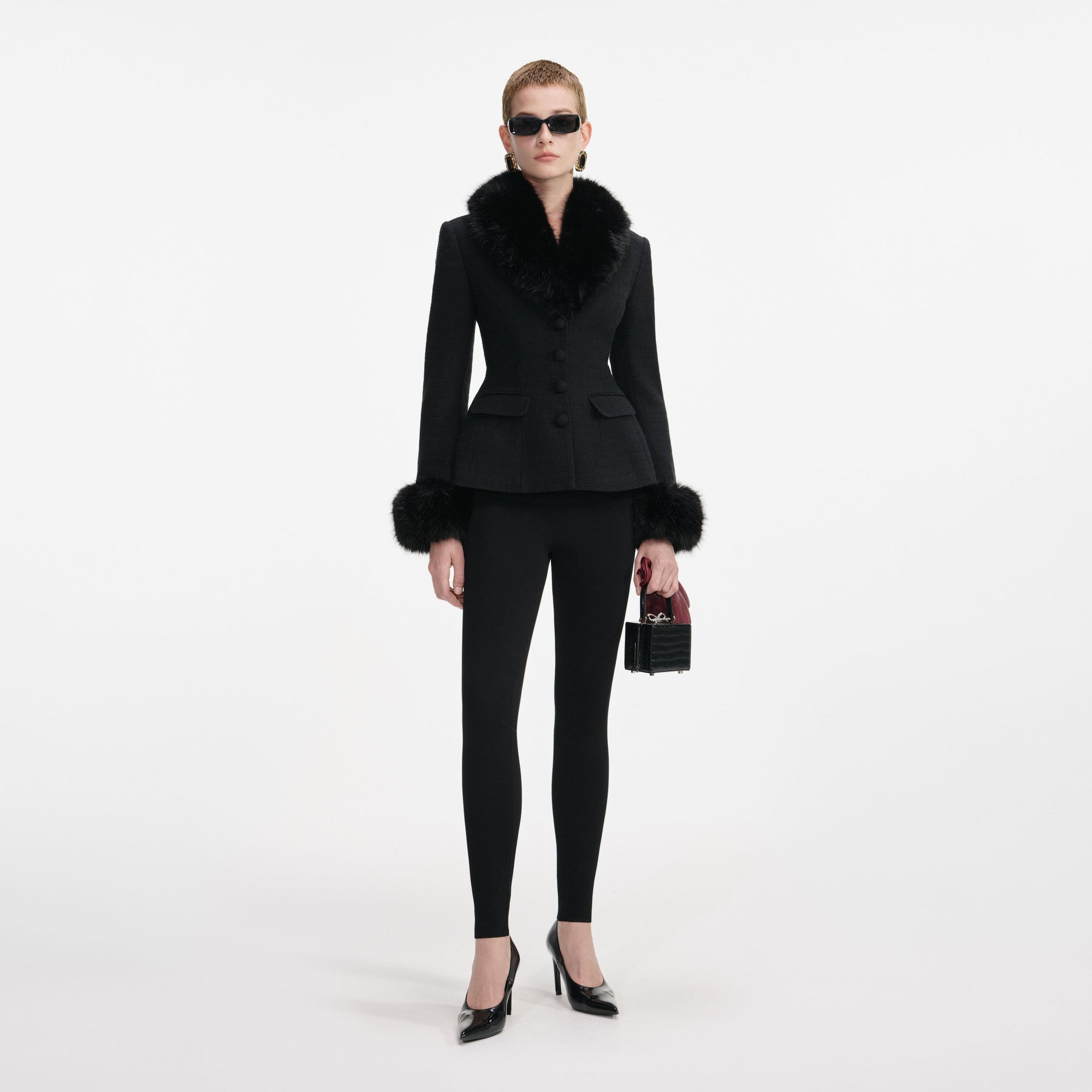 Tailored Boucle Fur Jacket - Black