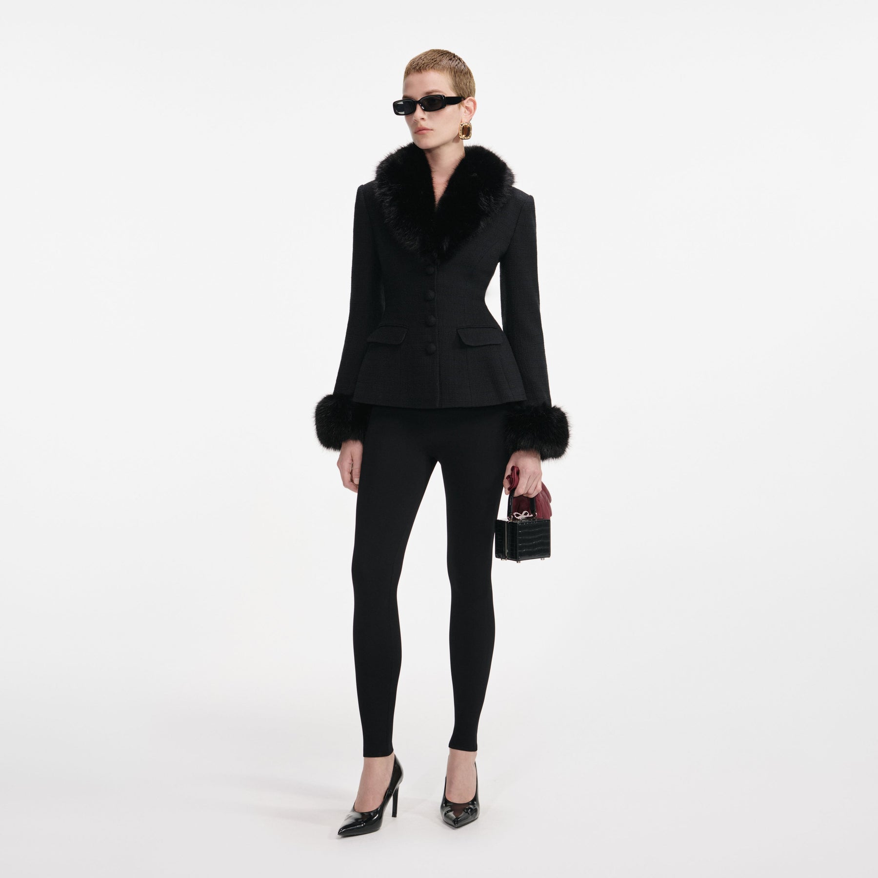 Tailored Boucle Fur Jacket - Black