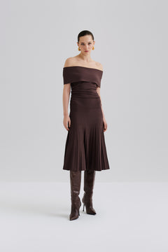 Althena Off Shoulder Knitted Midi Dress - Chocolate