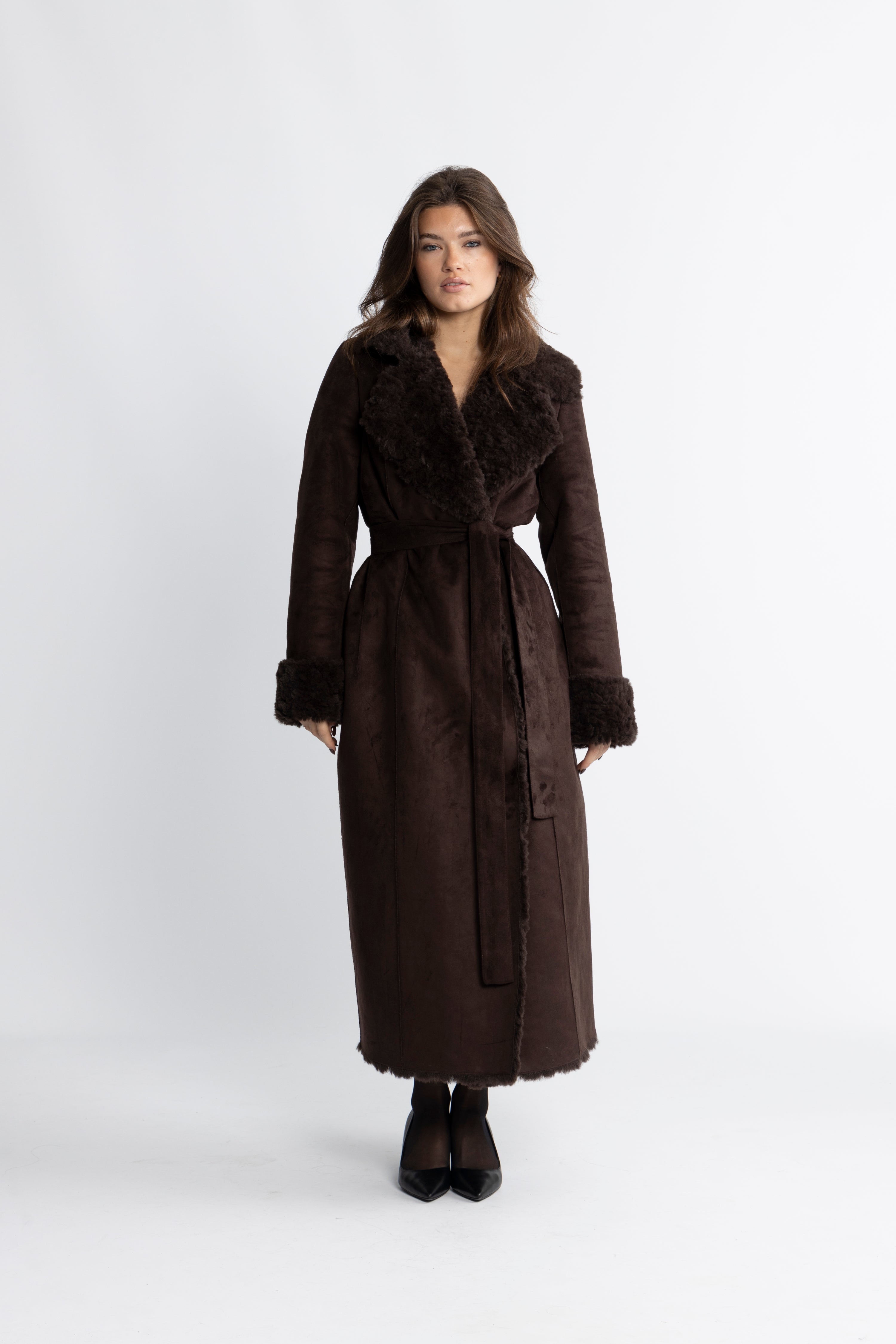 Terry Faux Shearling Coat - Dark Brown