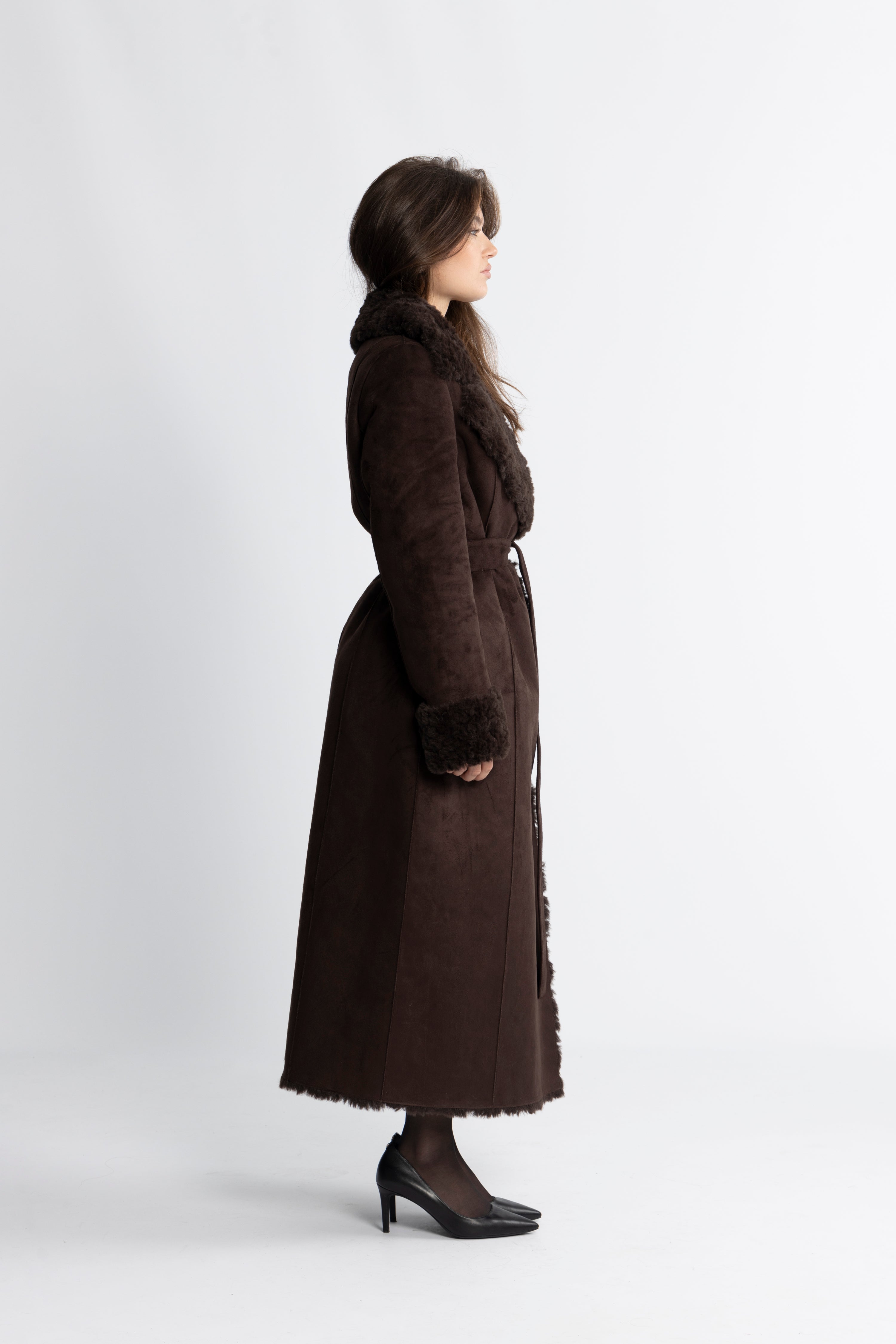 Terry Faux Shearling Coat - Dark Brown