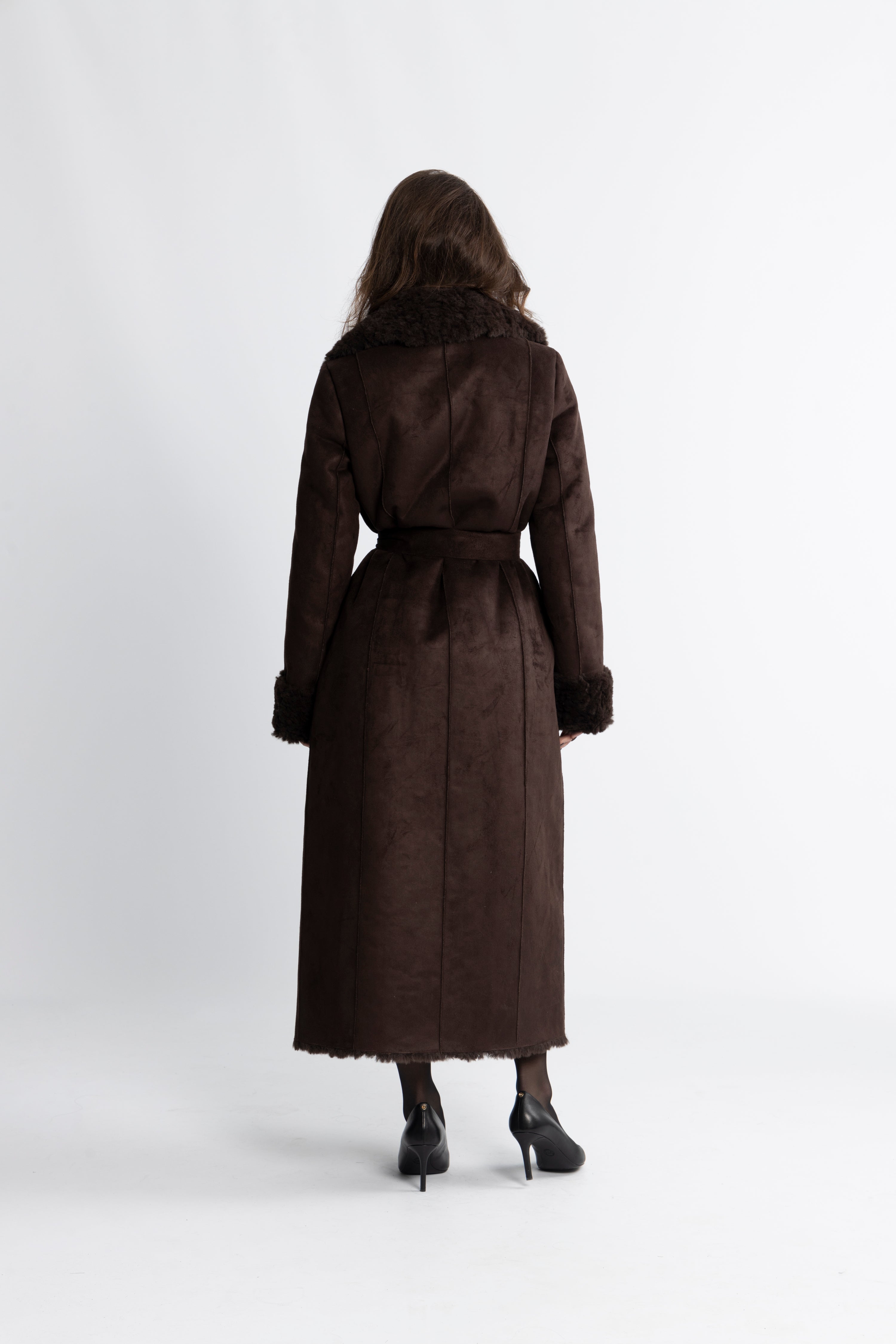 Terry Faux Shearling Coat - Dark Brown