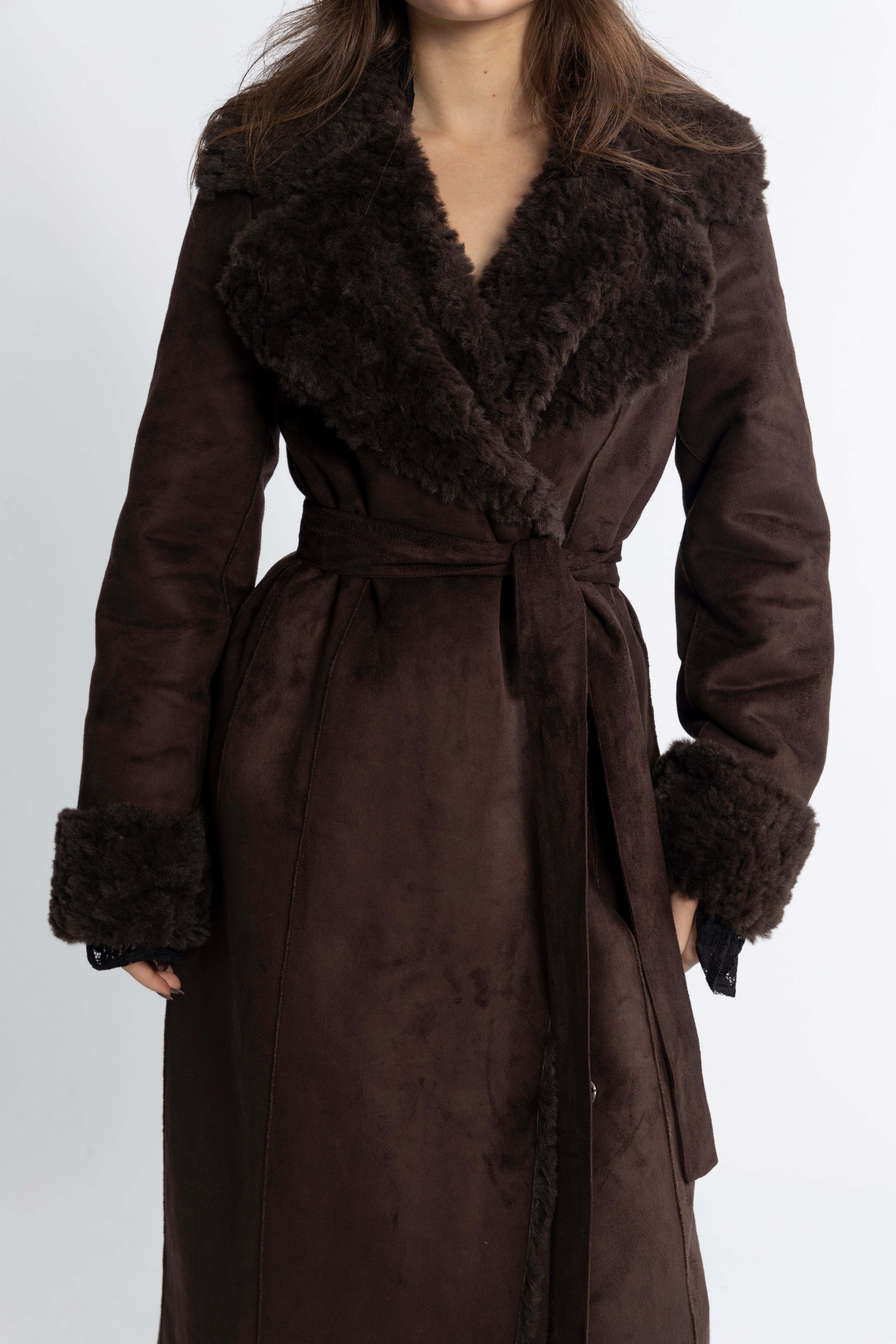 Terry Faux Shearling Coat - Dark Brown
