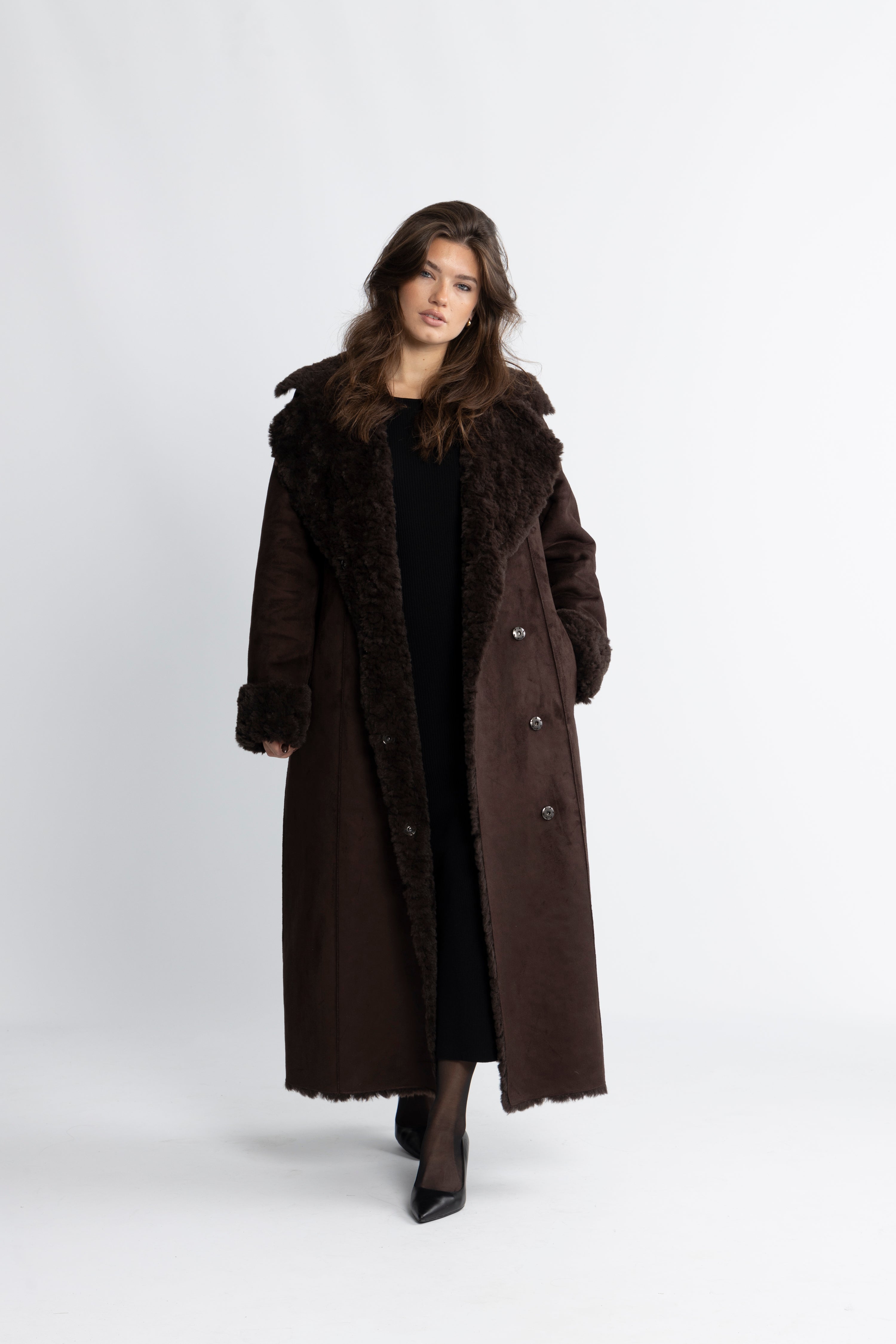 Terry Faux Shearling Coat - Dark Brown