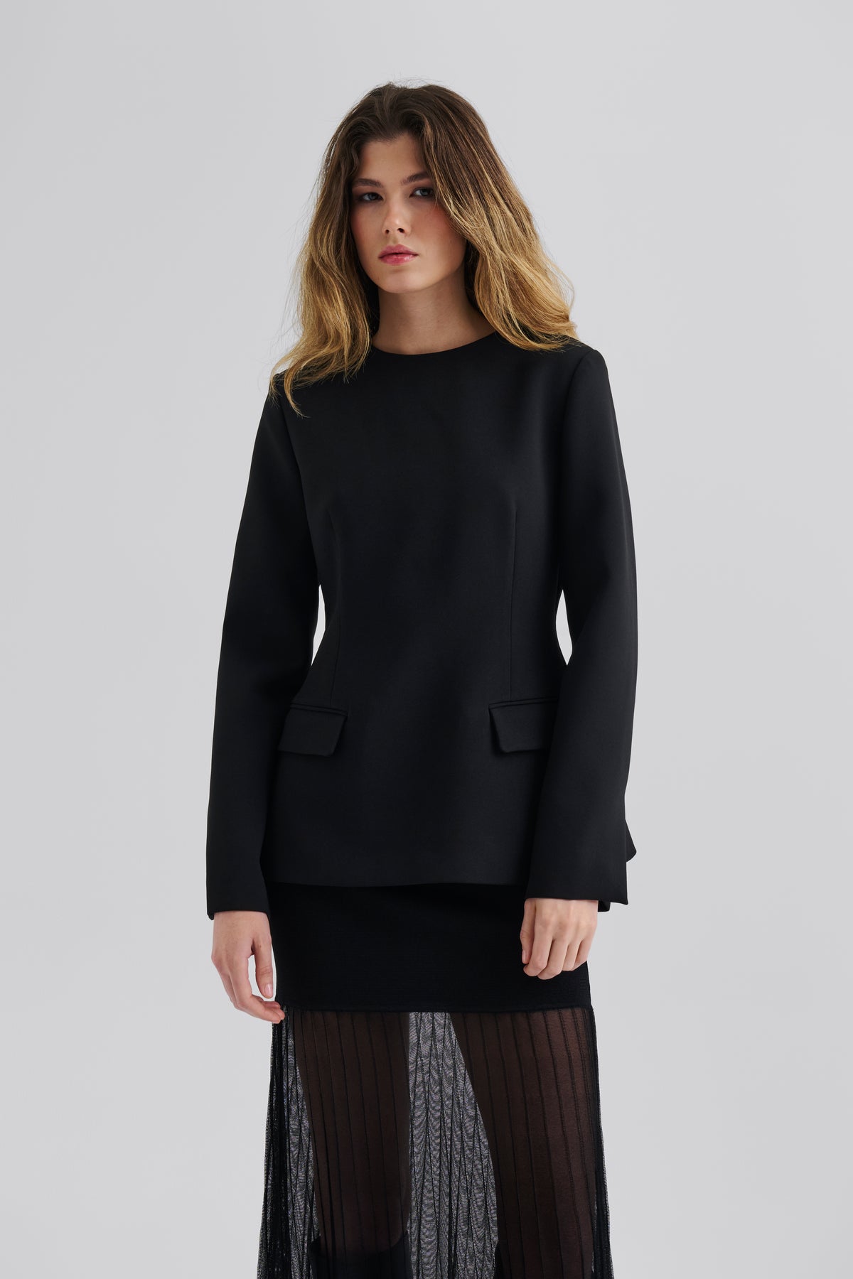 Athina Tailored Fitted Long Sleeve Blouse - Black