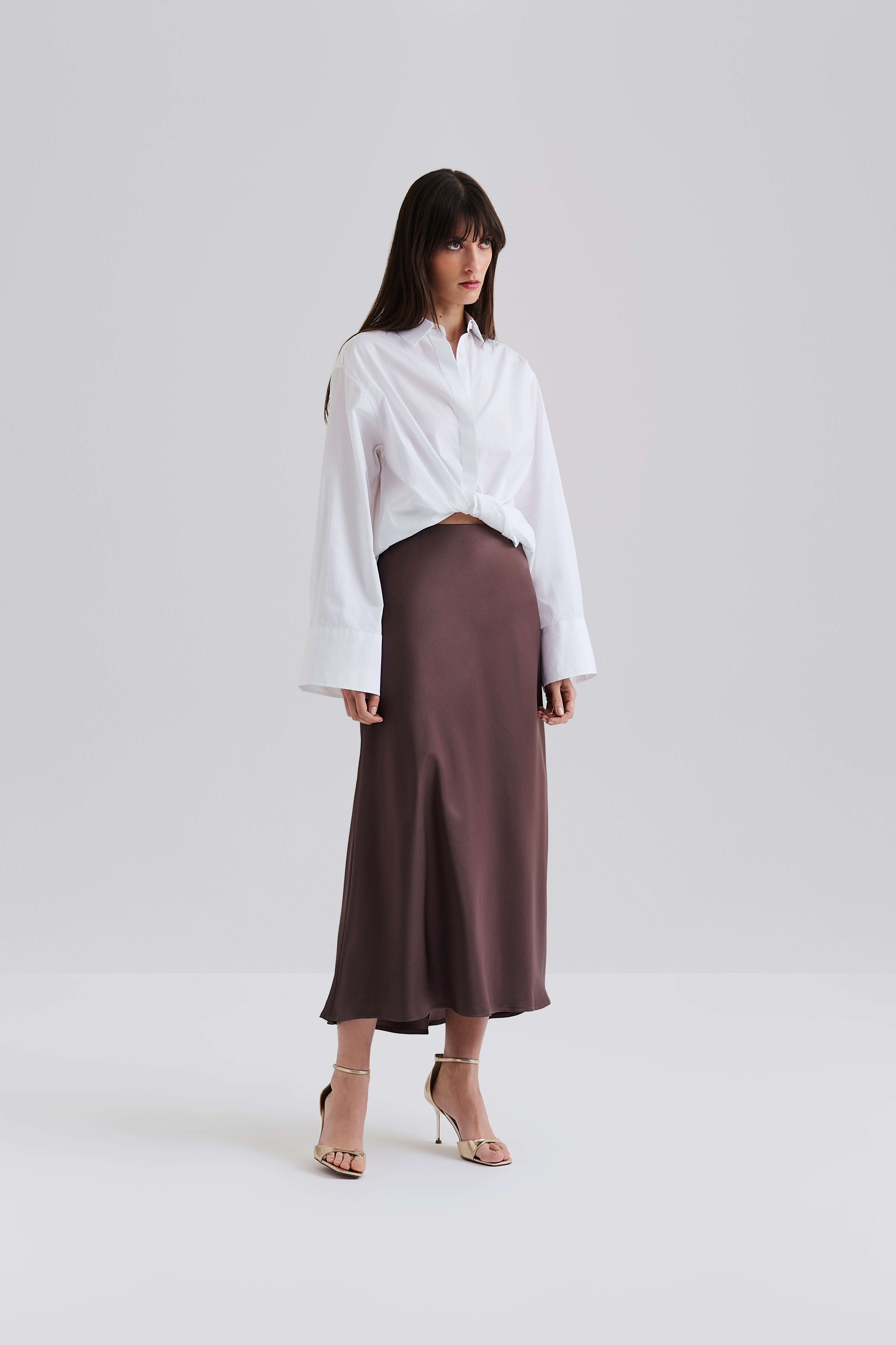 Aubree Satin Midi Skirt - Chocolate