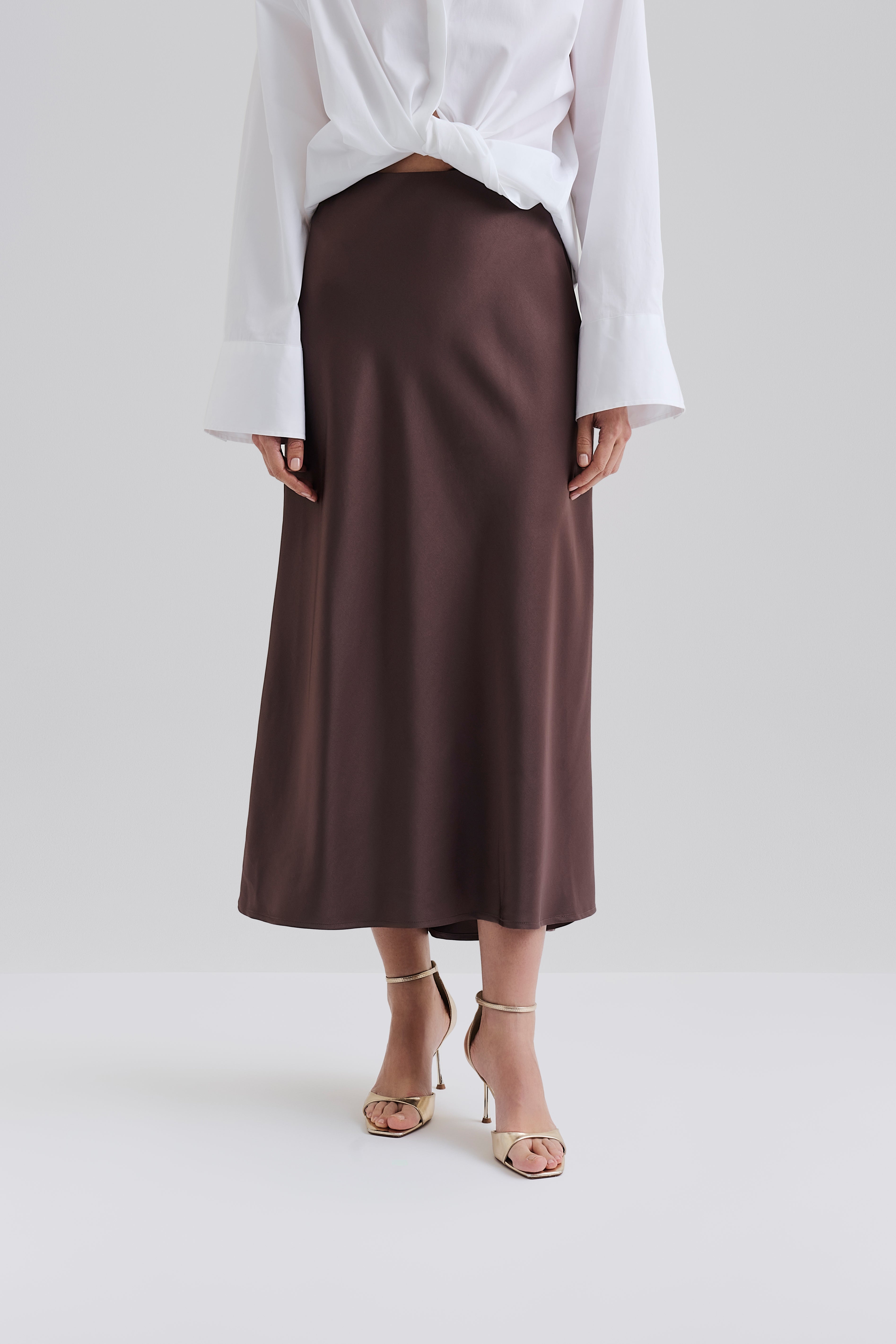 Aubree Satin Midi Skirt - Chocolate