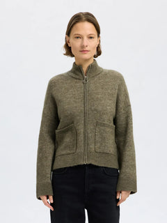 Sia Ras Ls Knit Zipper Cardigan - Vetiver Melange