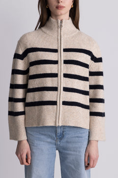 Thea Stripe Zip Cardigan - Sand / Navy