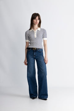 Marte Ss Rib Polo Knit - Navy Striped
