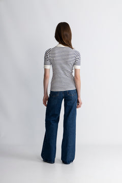 Marte Ss Rib Polo Knit - Navy Striped