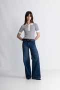 Marte Ss Rib Polo Knit - Navy Striped