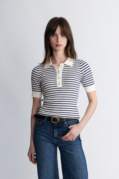 Marte Ss Rib Polo Knit - Navy Striped