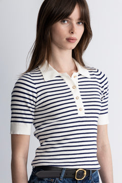 Marte Ss Rib Polo Knit - Navy Striped