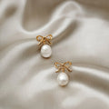 Metal Bow & Pearl Drop Earring - Pale Gold