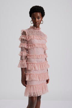 Carmine Frill Mini Lace Dress - Blush