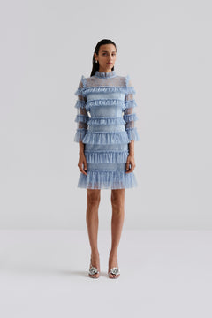 Carmine Frill Lace Mini Dress - Dusty Blue
