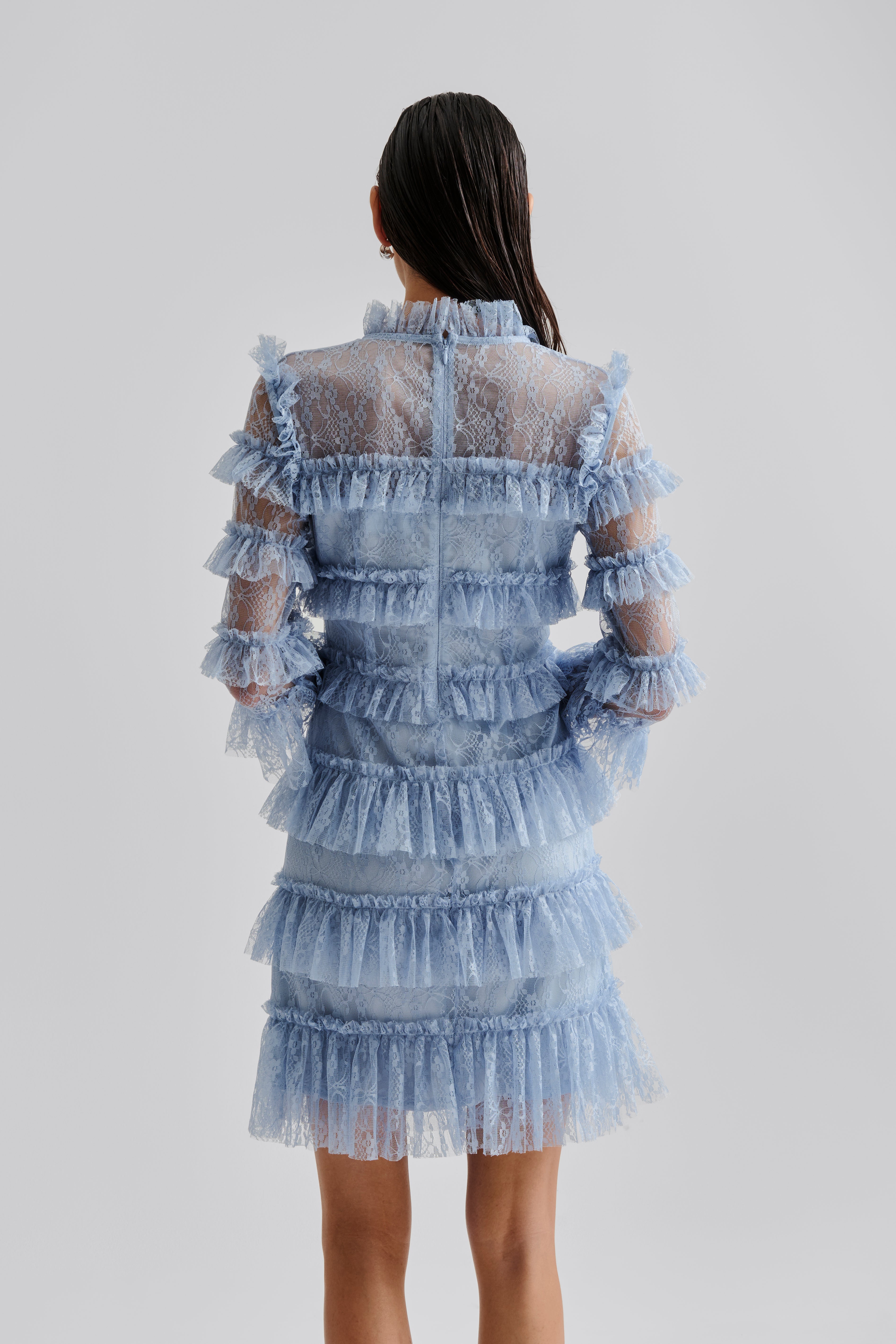 Carmine Frill Lace Mini Dress - Dusty Blue