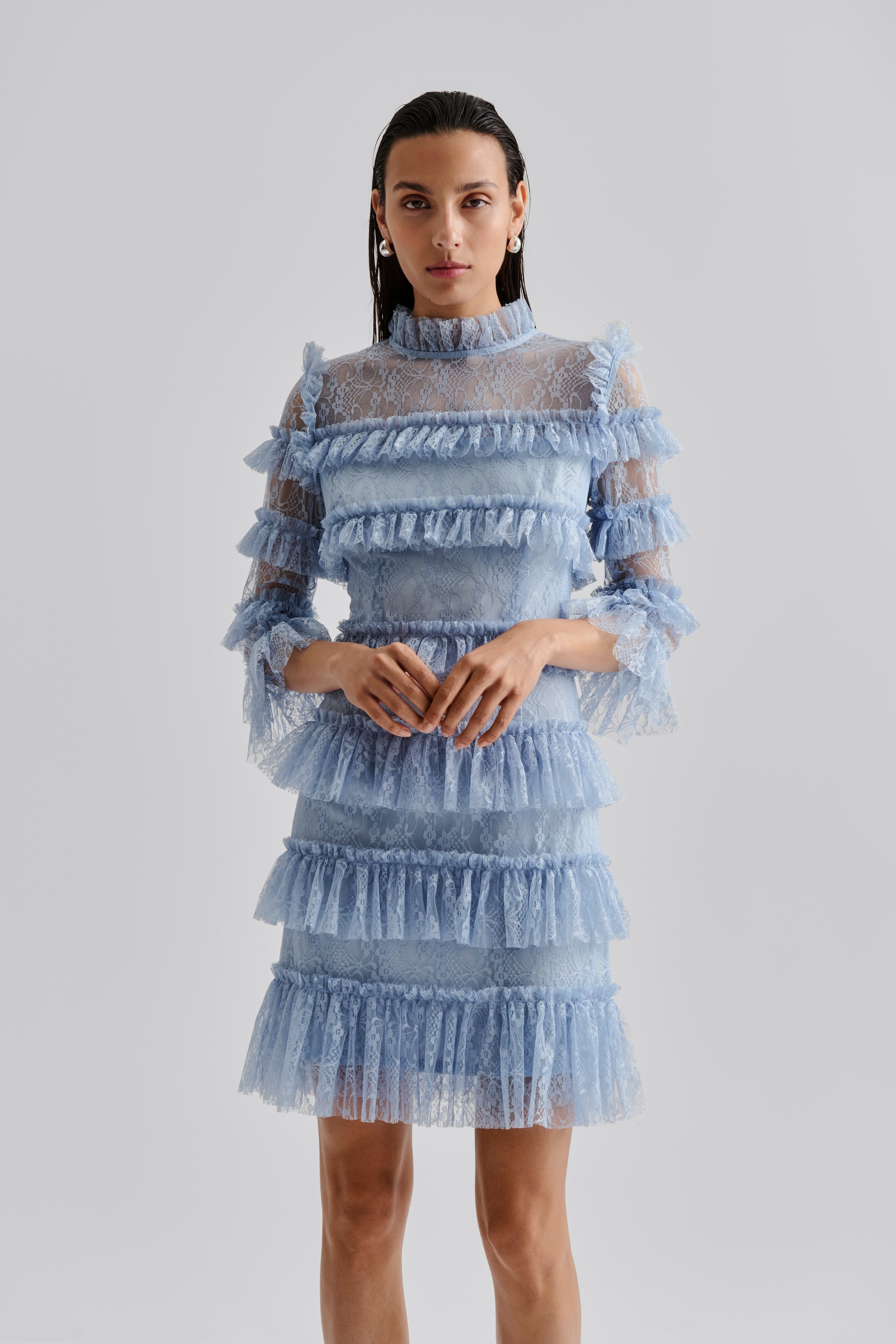 Carmine Frill Lace Mini Dress - Dusty Blue