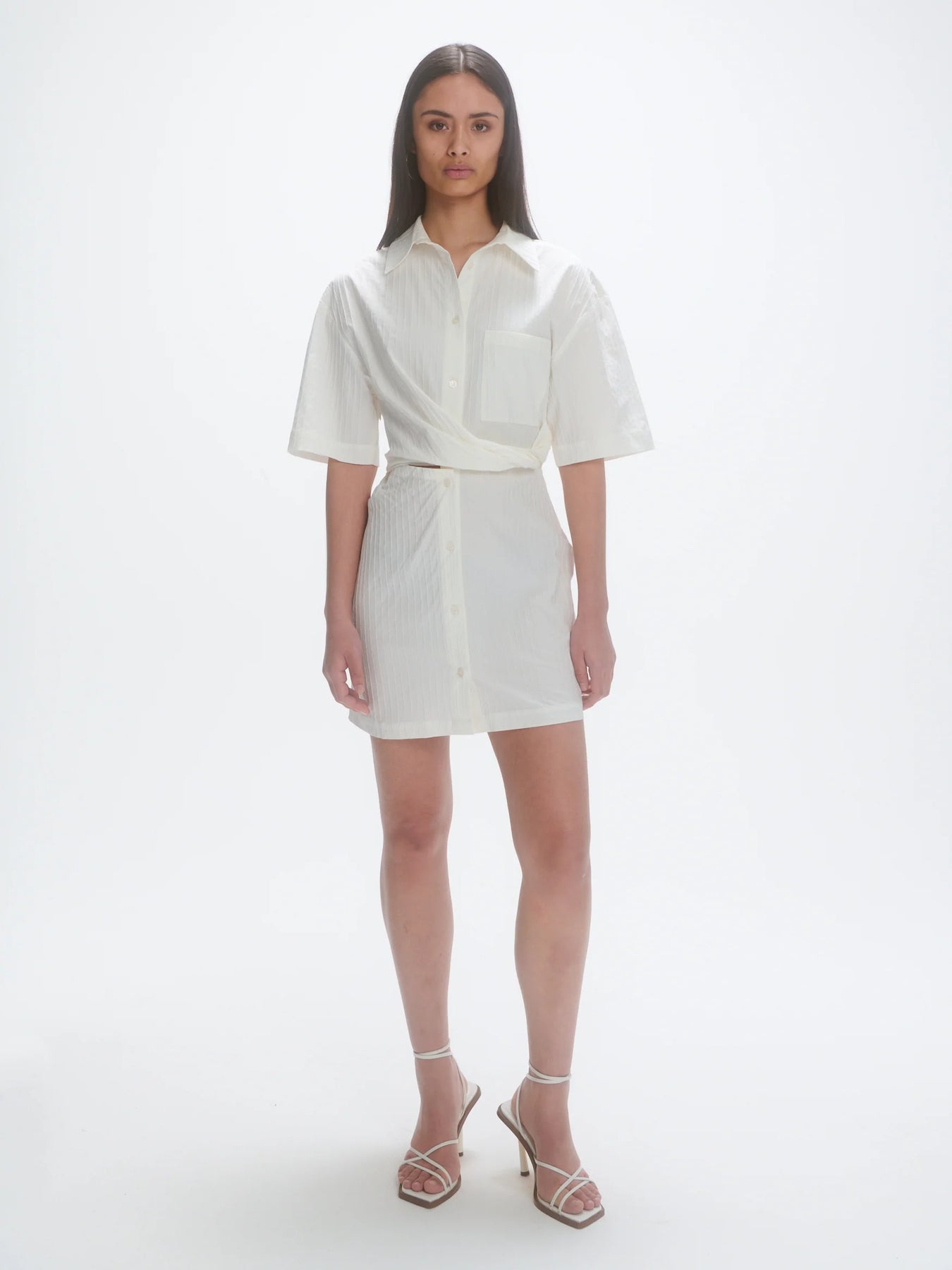 Deconstructed Short Sleeve Dress - Irregular White Stripe