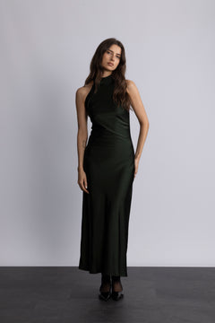 Lola Satin Halter Maxi Dress - Dark Green