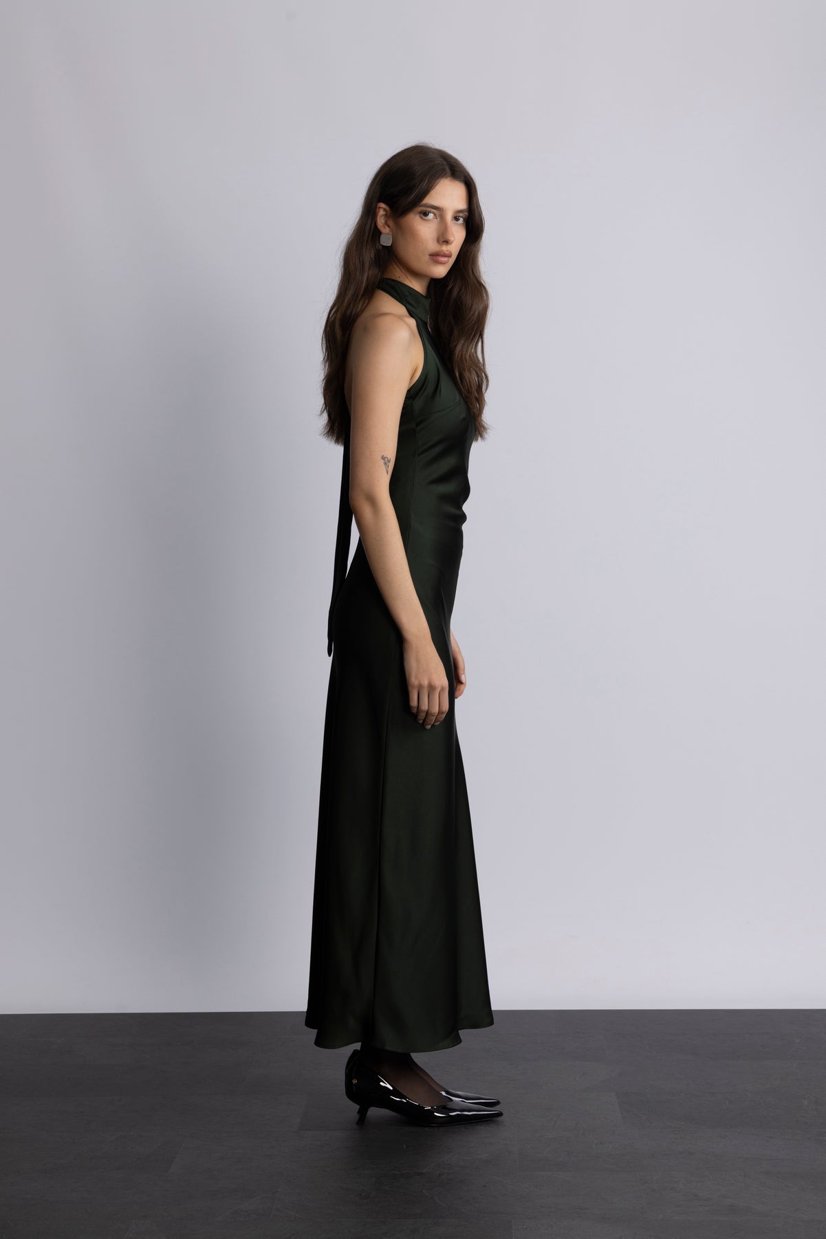 Lola Satin Halter Maxi Dress - Dark Green