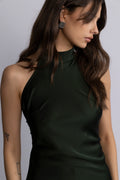 Lola Satin Halter Maxi Dress - Dark Green