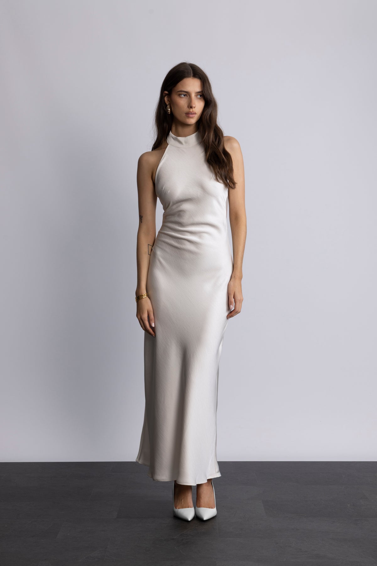 Lola Satin Halter Maxi Dress - Creme