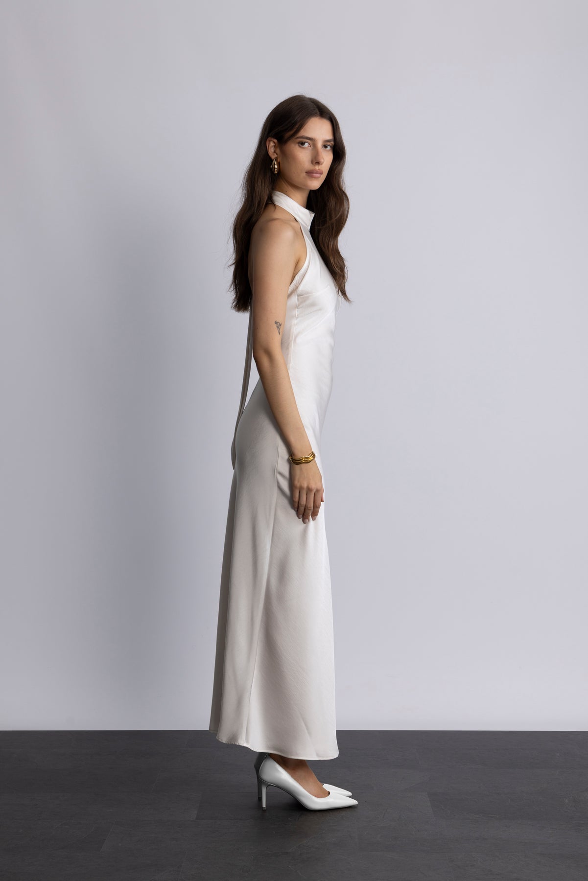 Lola Satin Halter Maxi Dress - Creme