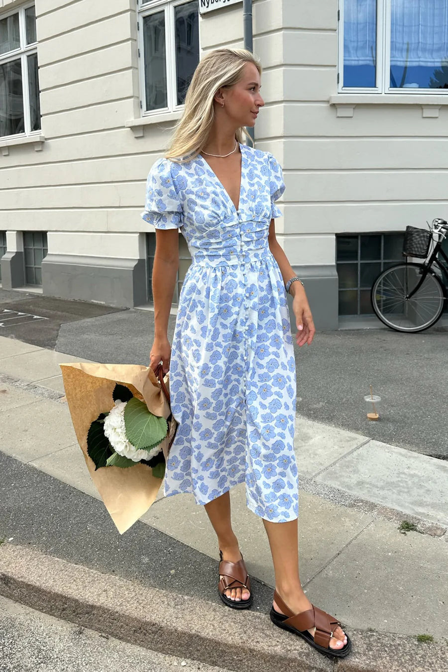 Adelic Long Ss Dress - Blue Dazzling Flower