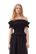 Cotton Poplin Off-Shoulder Smock Top - Black