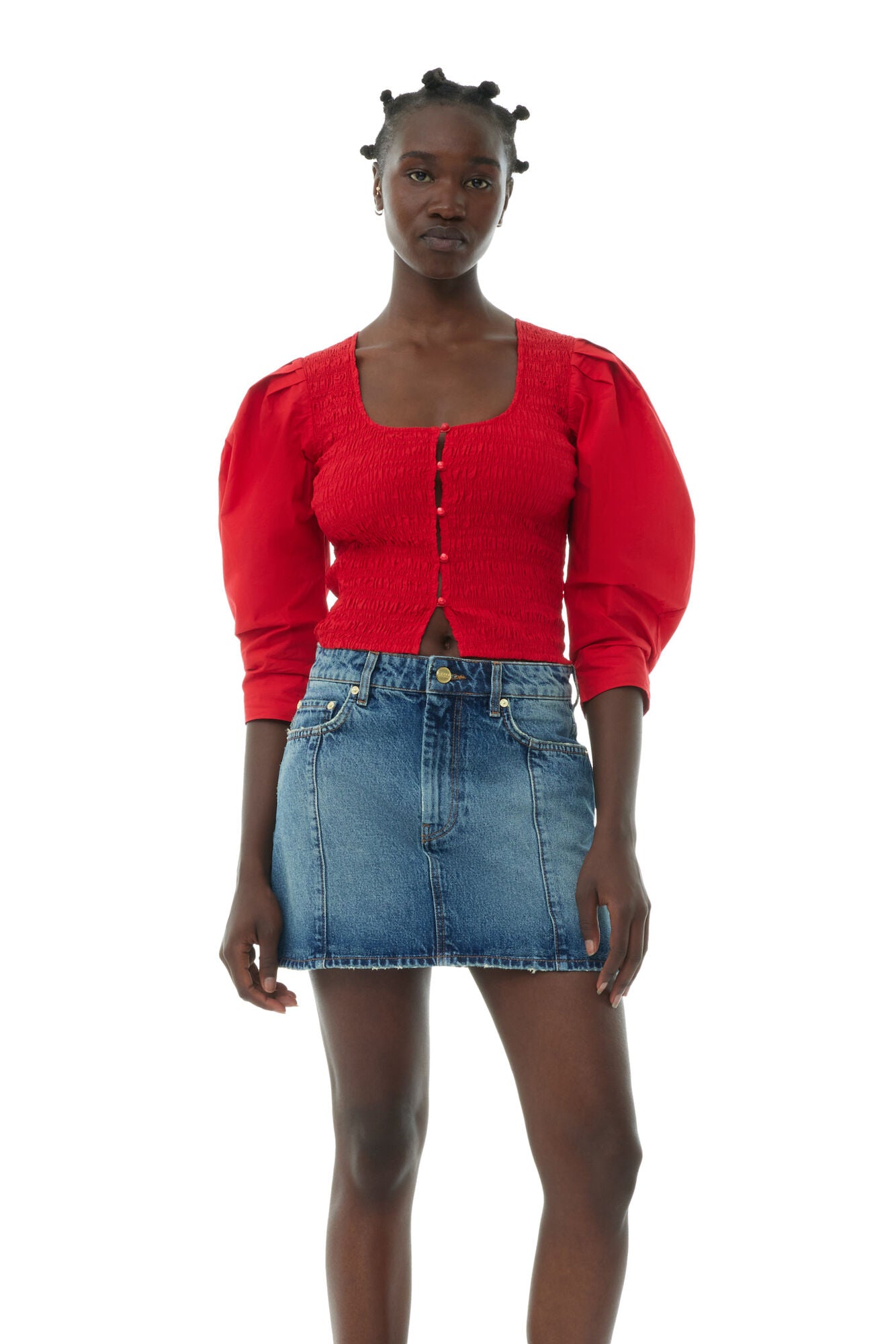 Cotton Poplin Smock Blouse - Racing Red