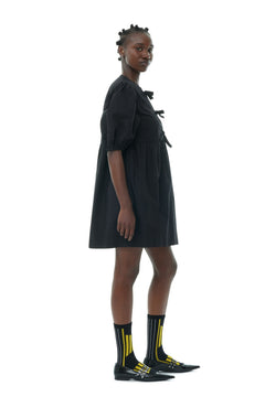 Cotton Poplin Tie String Mini Dress - Black